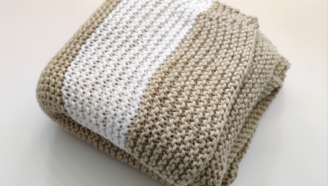 Big Chunky Hand Knit Blanket in Tan and White Wide Stripes by Linda, a blind artisan