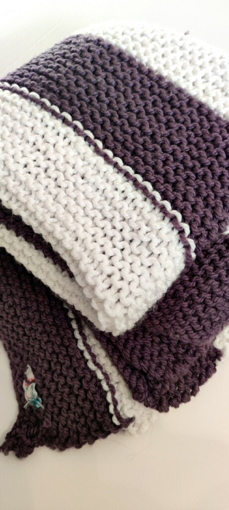 Big Chunky Handknit Blanket Soft White and Deep Plum Stripe by Linda, a blind Artisan