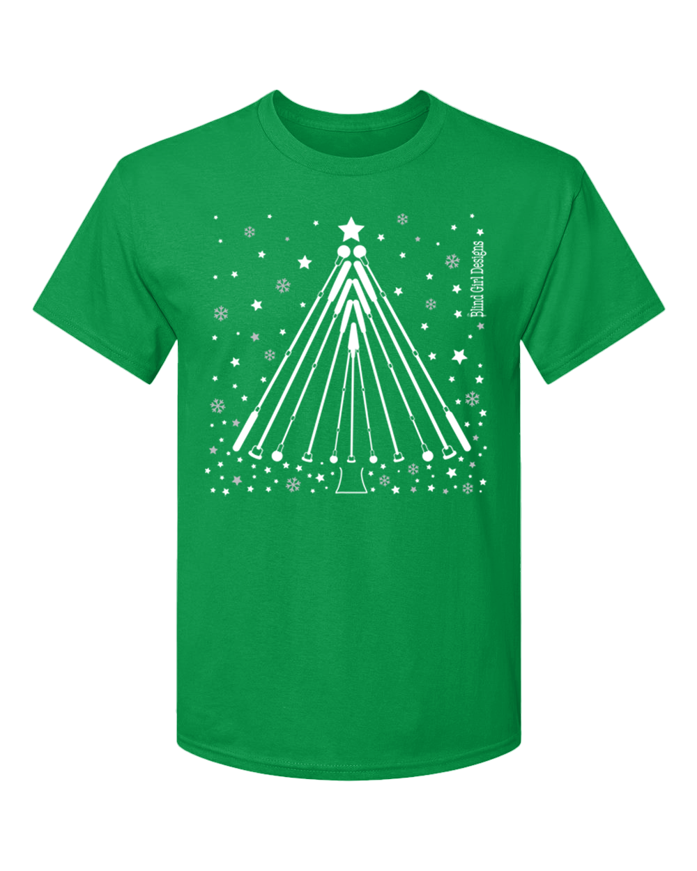 New 3D!  Tactile Winter Tree White Cane T-Shirt - Bright Green