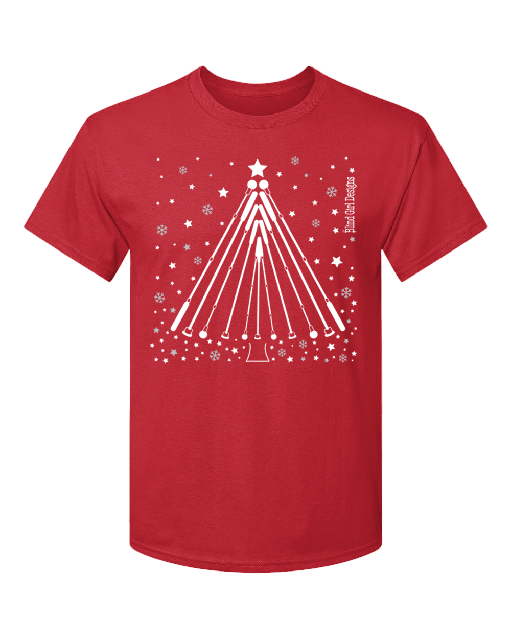 New 3D!  Tactile Winter Tree White Cane T-Shirt - Bright Red
