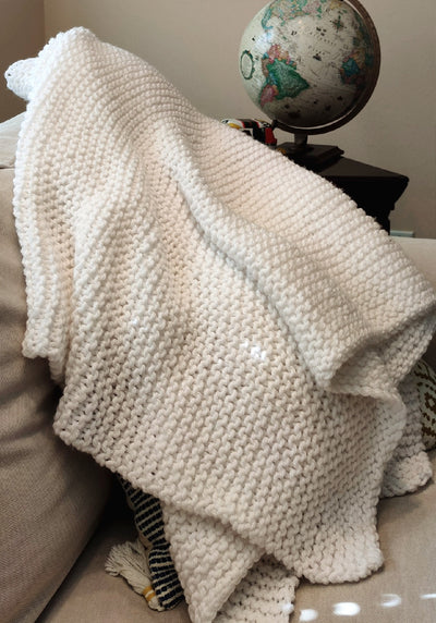 Big Chunky Hand Knit Blanket Soft White by Linda, a blind artisan
