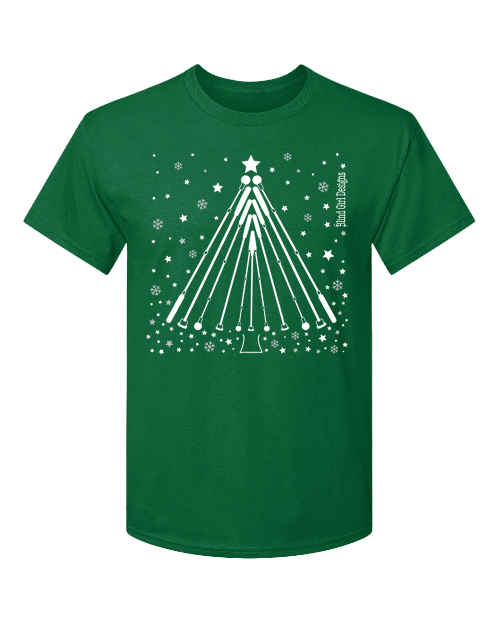 New 3D!  Tactile Winter Tree White Cane T-Shirt - Deep Forest Green