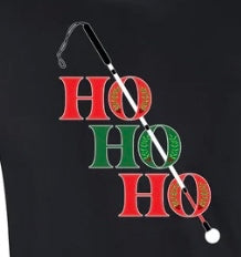 There are two big patch pockets on the front and our HO HO HO holiday print! The words HO HO HO are stacked on top of each other, descending diagonally to the right just slightly each time. There is a white cane running through the O's with a roller ball end. The first HO is red, the second green, and the third red