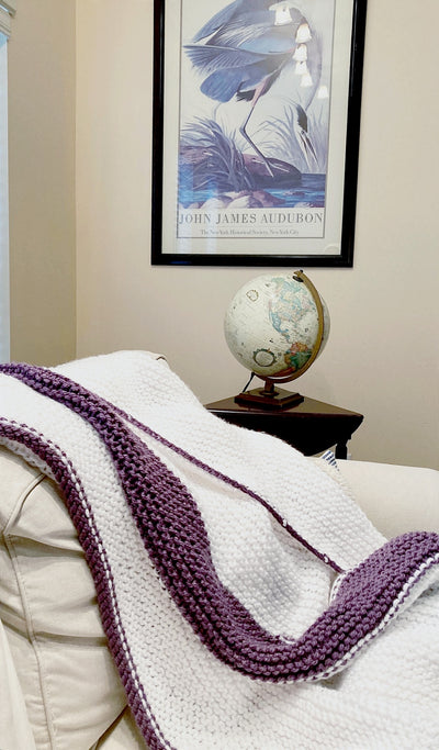 Big Chunky Hand Knit Blanket Soft White and Deep Plum by Linda, A Blind Artisan