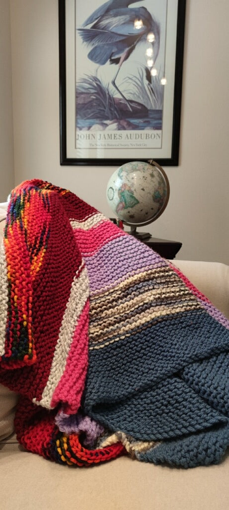 Big Chunky Hand Knit Blanket Unique Bright Color Stripes by Linda, A Blind Artisan