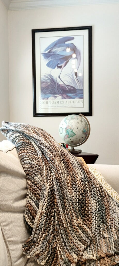 Big Chunky Hand Knit Blanket Beautiful in Tan and Grey by Linda, A Blind Artisan