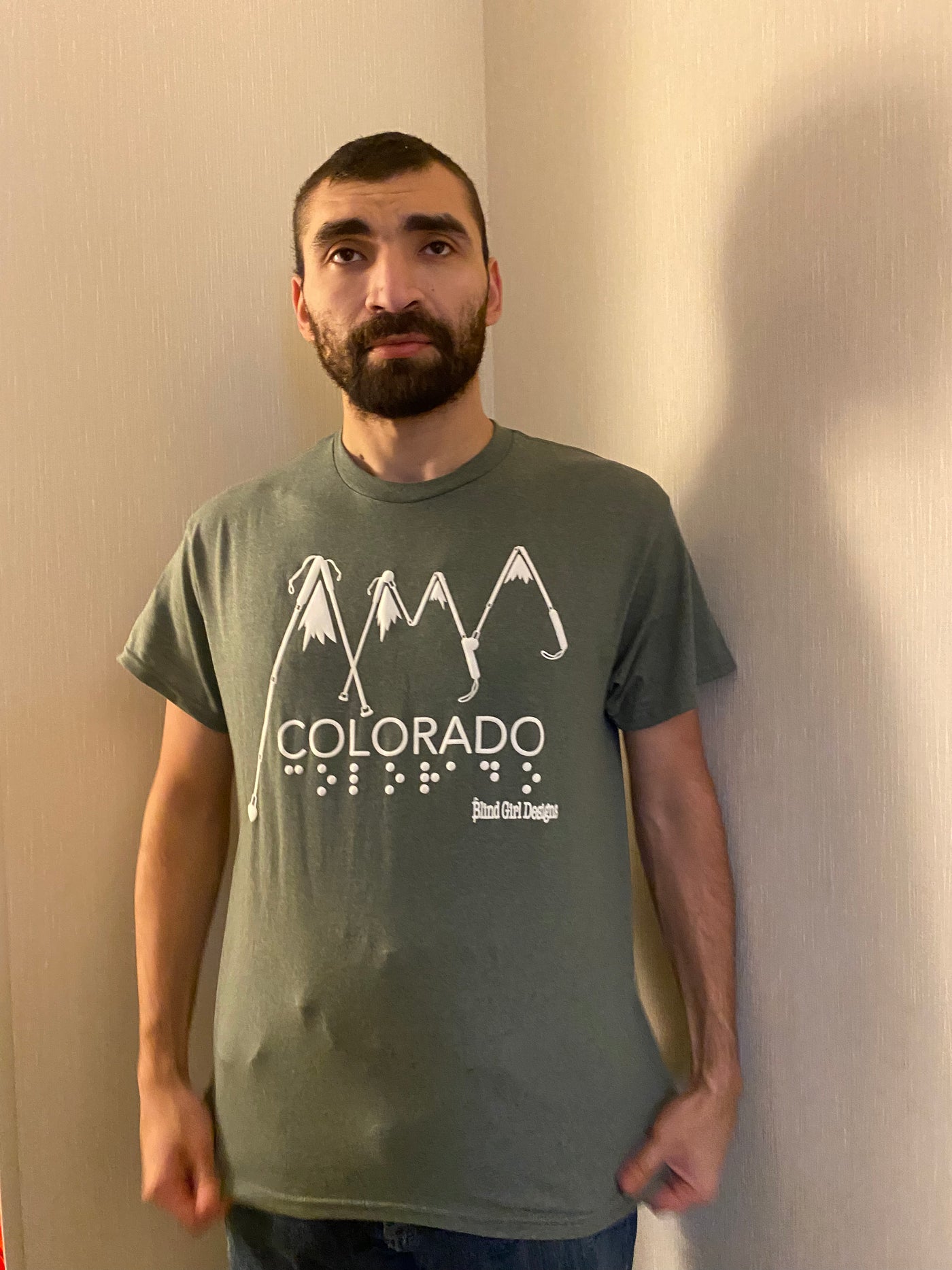 New! 3D Colorado mountains of white canes with Braille- olive tee
