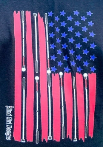 This uniquely designed American flag has white canes in place of the white stripes between hand-drawn red stripes and perfectly placed 50 blue stars.