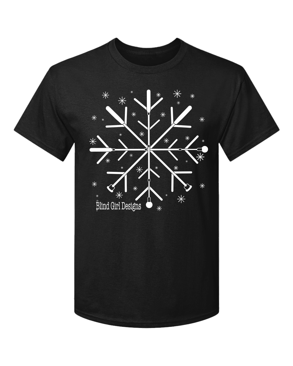 New! 3D Tactile White Cane Snowflake T-Shirt - black
