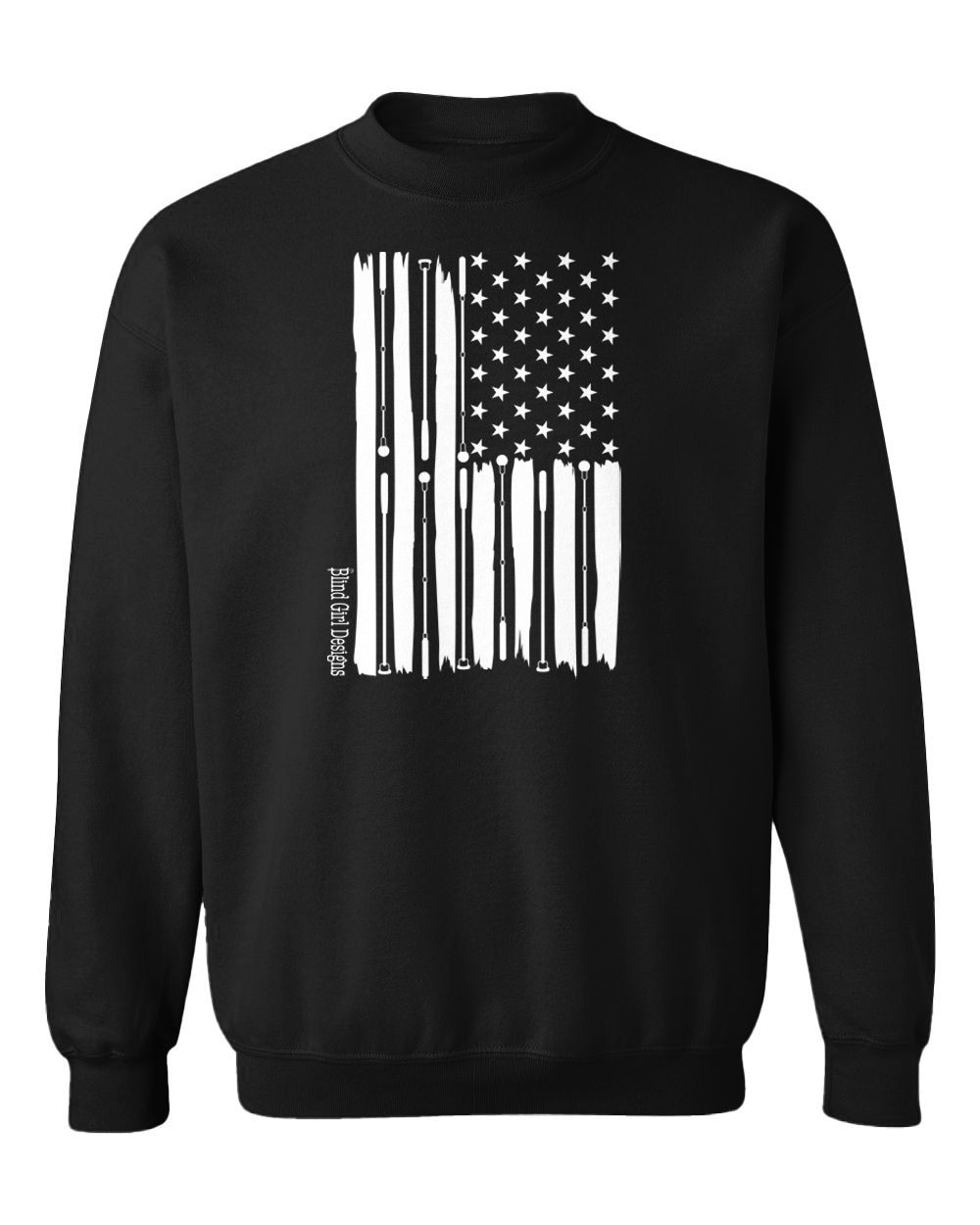 New 3D Tactile American flag  White Cane Crew Sweatshirt - Black
