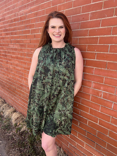 Sale! Olive Green Forest Print Sleeveless Pocketed Swing Dress