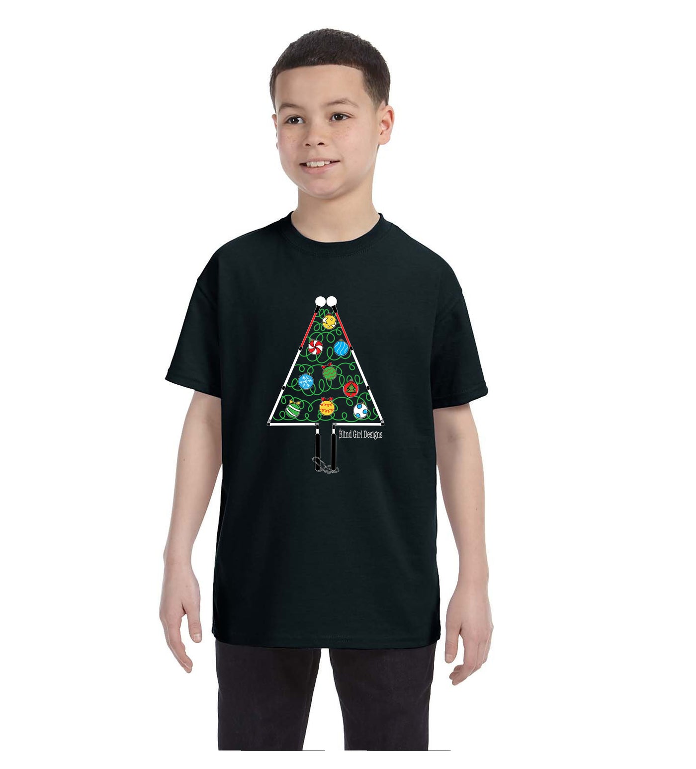 Kids and Toddlers Christmas Tree White Cane T-Shirt - Black