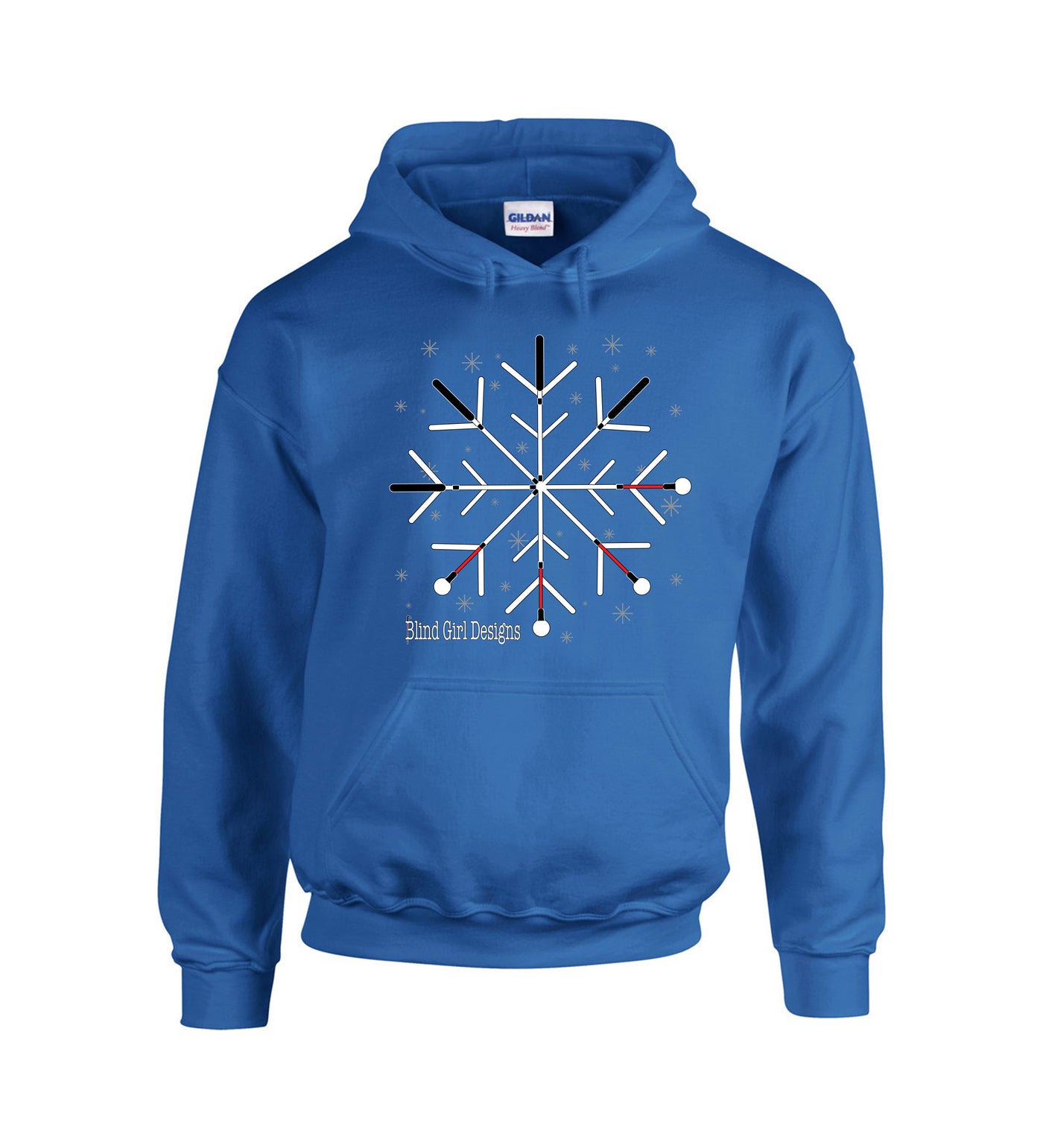 A classic Royal Blue color for everyone to wear in a unisex hoodie  sweatshirt. There is a large chest  print of a snowflake made of crossing blind canes. There are red and white canes that form the snowflake. They are crossed to look  like a spoke. Each spoke has 2V shapes, which gives it the snowflake outlook. There are tiny snowflakes sprinkled around the main snowflake. It is a standard  hoodie sweatshirt fit with a large front pocket and large hood.