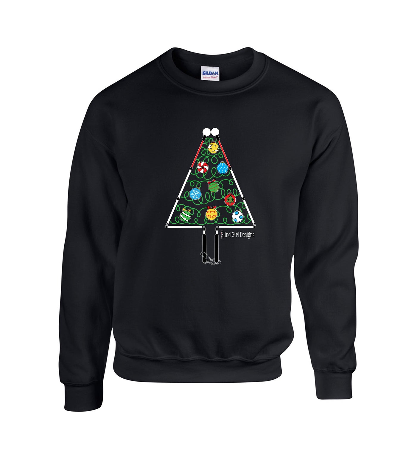 This black adult unisex sweatshirt has a large, colorful chest print of a whimsical Christmas tree outlined by two blind canes, folded at the joints to make a triangle tree shape. The black cane handles form the trunk and the roller balls form the outline of the top of the tree, instead of stars there are two roller balls! Very cute. The inside of the tree has bright  green squiggles to suggest light strands with 8 colorful round ornaments, each individually decorated.