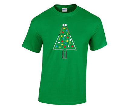 There is a large colorful chest print of a whimsical Christmas tree outlined by two blind canes, folded at the joints to make a triangle tree shape on the front of this green t-shirt. The handles form the trunk and the roller balls form the outline of the top of the tree. The inside of the tree has green squiggles to suggest light strands with red, yellow, white, and blue ornaments shaped like a roller ball on the bottom of a cane.