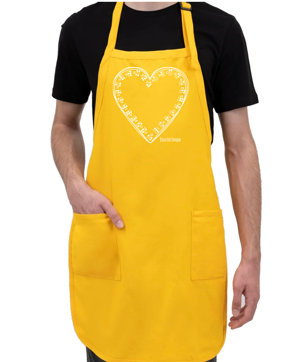 New! White braille Heart printed on new bright yellow  apron