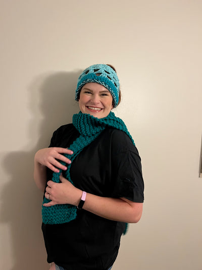 Handmade Hat and scarf set teal blue and variegated, teal ponytail, crocheted cap