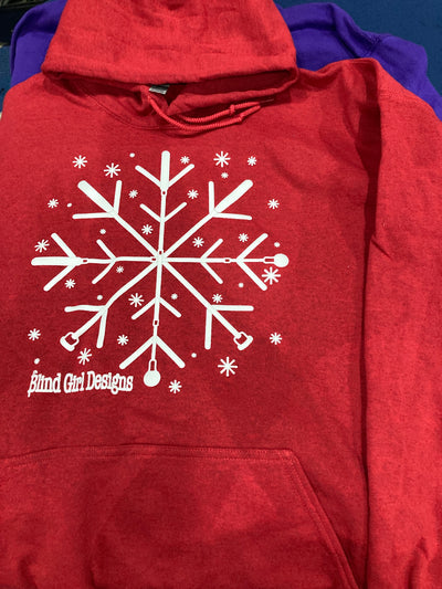 New!! 3D  Tactile! Snowflake White Cane  Hoodie -  red with white ink