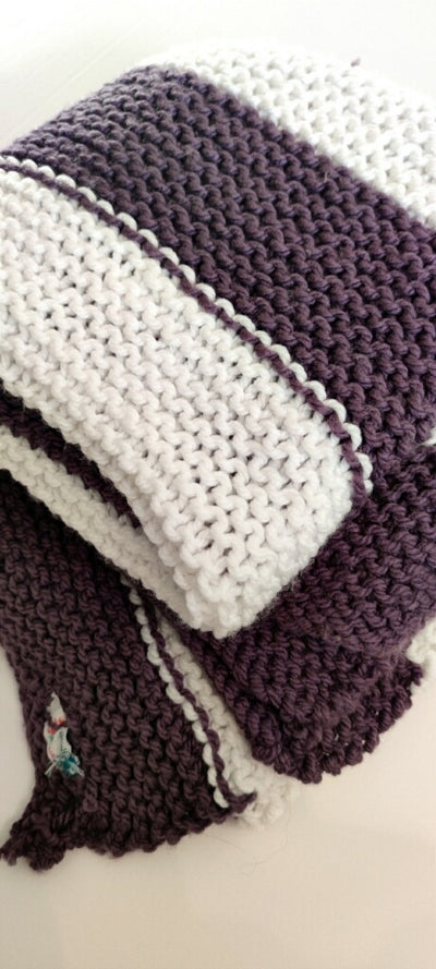 Big Chunky  Handknit Blanket  Soft White  and Deep Plum Stripe by Linda
