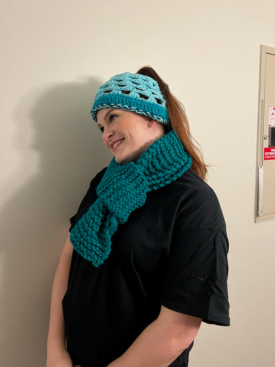 Handmade Hat and scarf set teal blue and variegated, teal ponytail, crocheted cap