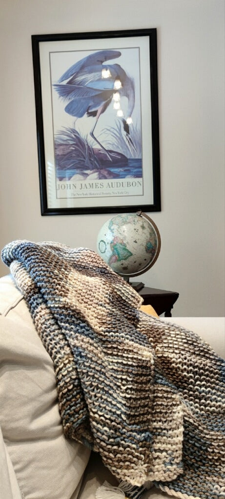 Big  chunky Handknit Blanket  beautiful multi color  tan and grey by Linda