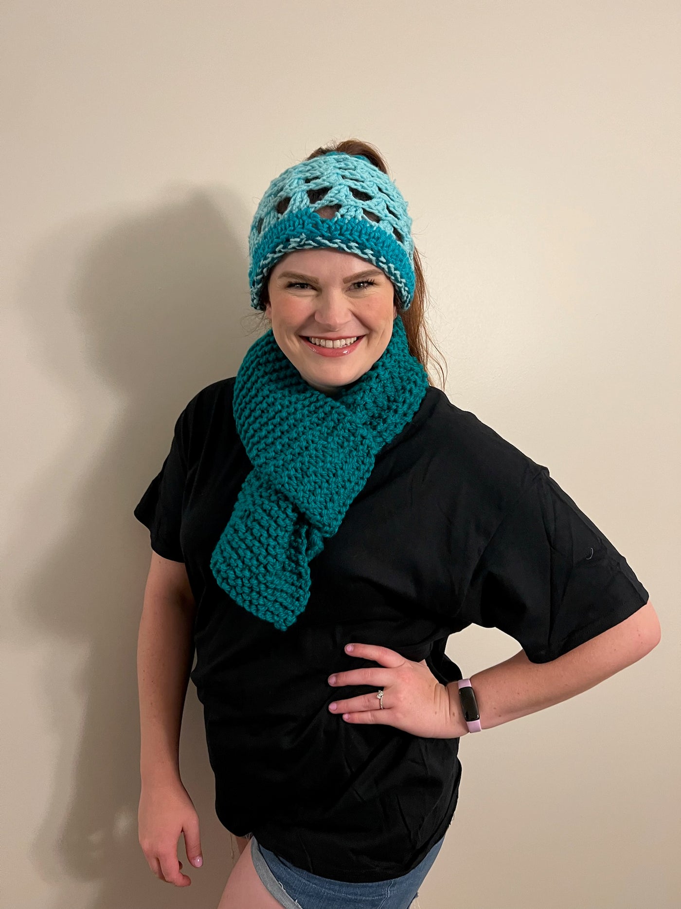 Handmade Hat and scarf set teal blue and variegated, teal ponytail, crocheted cap