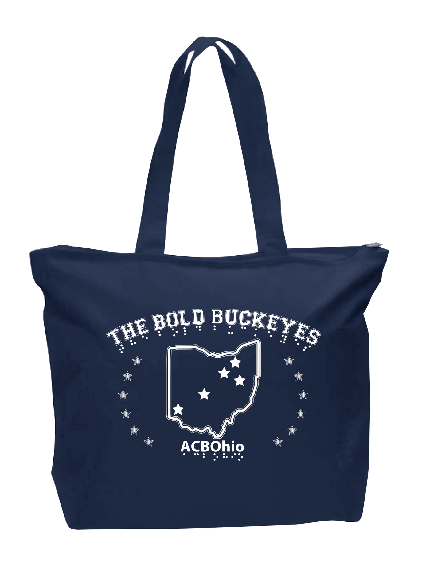 This tote is 15 by 18 canvas bag. There is a fold in the bottom of the bag so that the bag can sit upright. It has a full zip across the top as well as a zippered pocket inside. The print features the outline of the state of Ohio with six stars in a half circle on either side. There are five stars within the state outline marking cities within Ohio. Above the stars and state outline reads THE BOLD BUCKEYES with braille under each letter. Under the state and stars is ACB OHIO with braille under each letter.