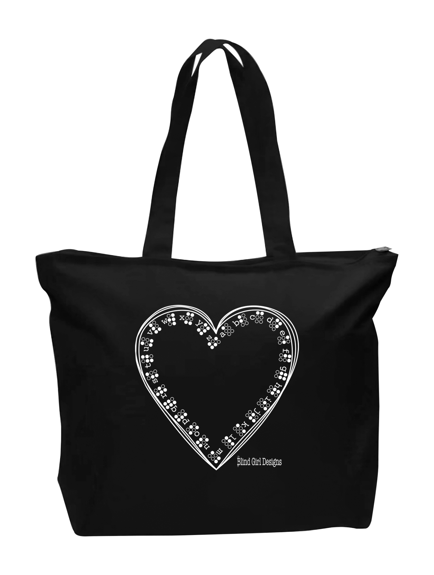 Braille Alphabet Heart Big Canvas Zip Tote - Black