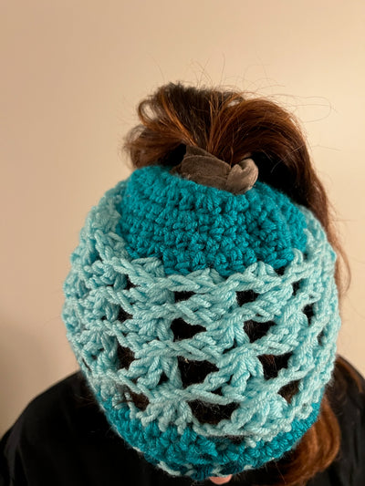 Handmade Hat and scarf set teal blue and variegated, teal ponytail, crocheted cap