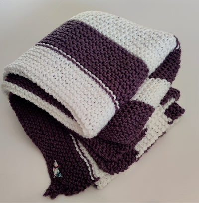 Big Chunky  Handknit Blanket  Soft White  and Deep Plum Stripe by Linda