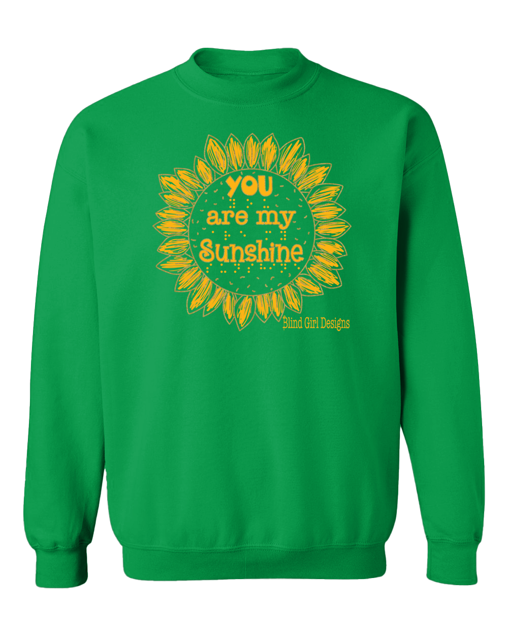 The center of the classically shaped sunflower says “you are my sunshine” in both quirky 3-D letters and braille.
Each of the hand drawn petals of the sunflower are surrounded by an outline of metallic gold. 