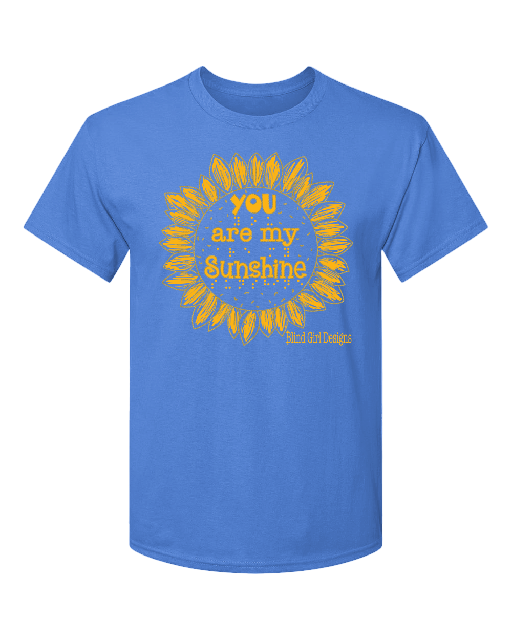  The center of the classically shaped sunflower says “you are my sunshine” in both quirky 3-D letters and braille.

Each of the hand drawn petals of the sunflower are surrounded by an outline of metallic gold. 