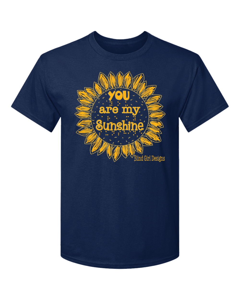 he center of the classically shaped sunflower says “you are my sunshine” in both quirky 3-D letters and braille.
Each of the hand drawn petals of the sunflower are surrounded by an outline of metallic gold. 