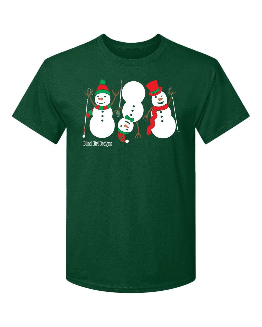 3 Dancing Snowmen with White Canes T-Shirt - Deep Forest Green