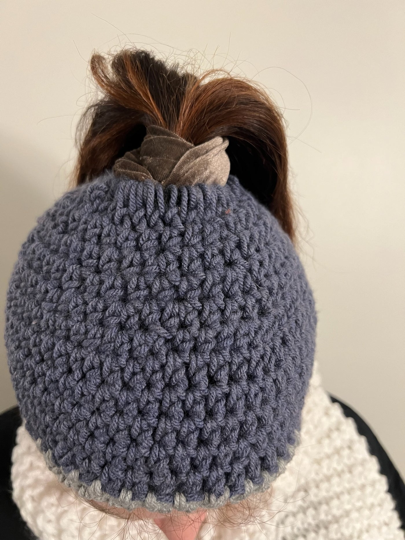 Handmade Hat and scarf set  grey and cream scarf and ponytail hat