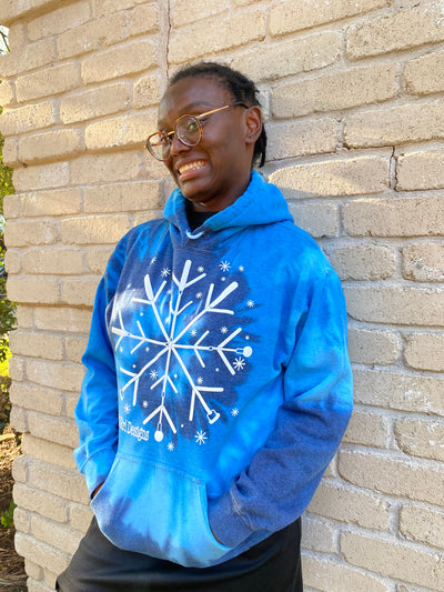 New!! 3D Snowflake White Cane  Tie Dye Hoodie -  in a swirl of blues