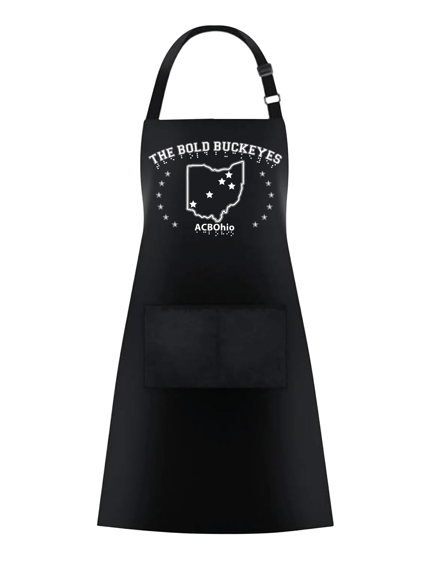This is a black 37-inch heavy duty cotton apron with two big patch pockets on the front. The white print features the outline of the state of Ohio with six stars in a half circle on either side. There are five stars within the state outline marking cities within Ohio. Above the stars and state outline reads THE BOLD BUCKEYES with braille under each letter. Under the state and stars is ACB OHIO with braille under each letter.