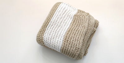 Big Chunky Handknit Blanket  Pretty Tan and White wide stripes by Linda