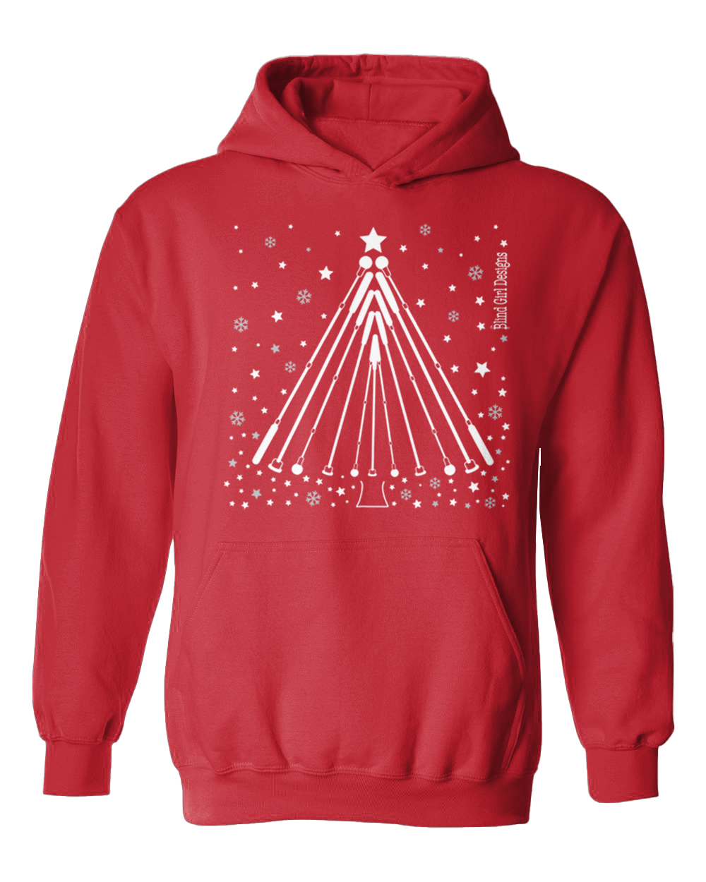 New! 3D Tactile White Cane Winter Tree Hoodie - Bright Red