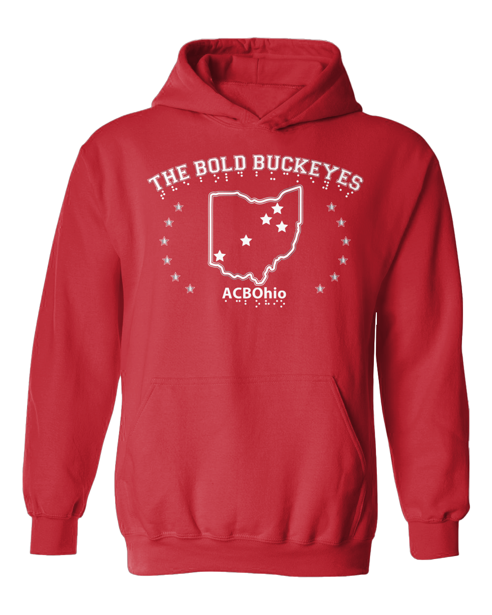 The design on this red hoodie&nbsp;features white tactile puff ink in the outline of the state of Ohio with six stars in a half circle on either side. There are five stars within the state outline marking cities within Ohio. Above the stars and state outline reads THE BOLD BUCKEYES with braille under each letter. Under the state and stars is ACB OHIO with braille under each letter.