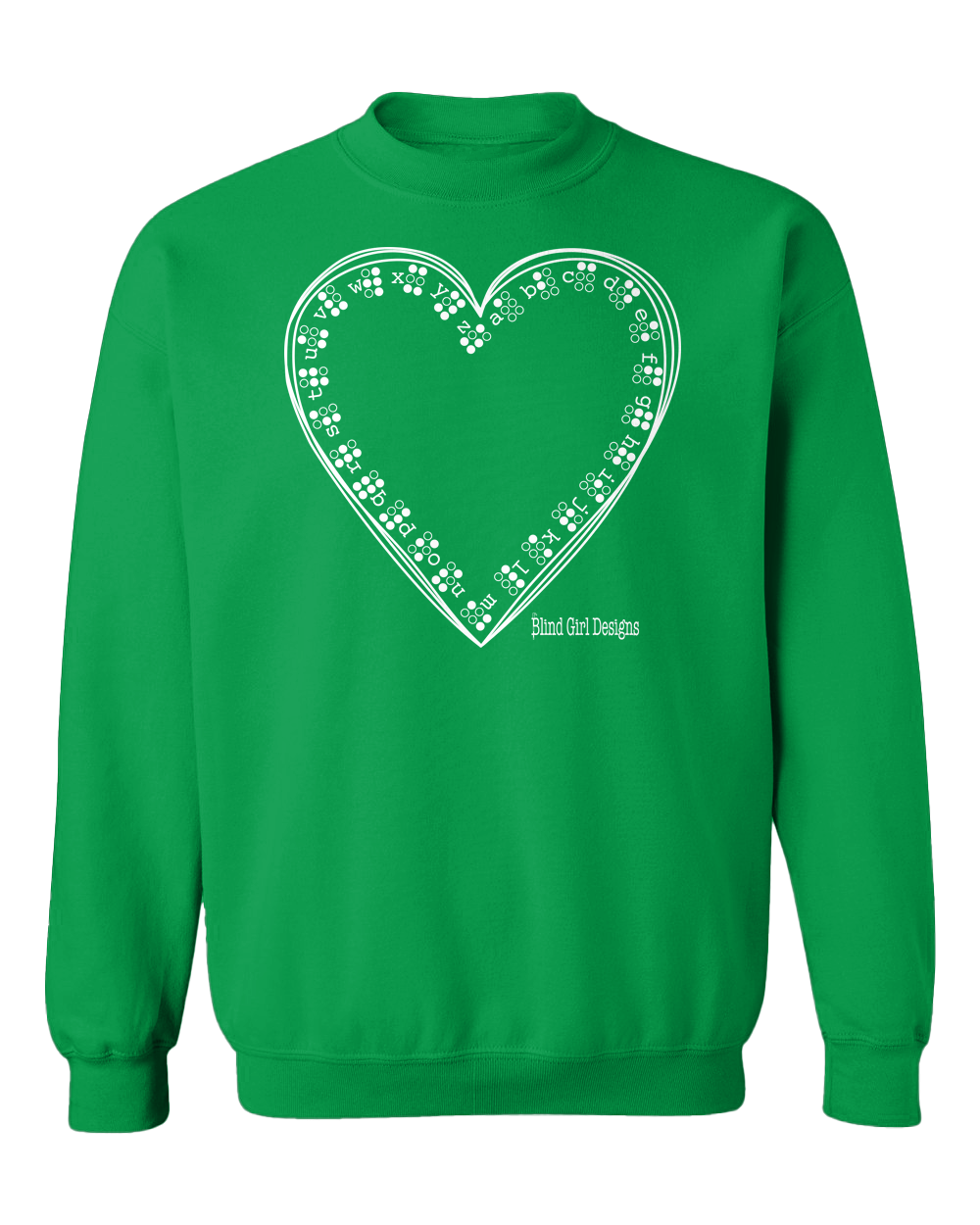 New! 3D Tactile Braille Heart  Crew Sweatshirt - Irish green