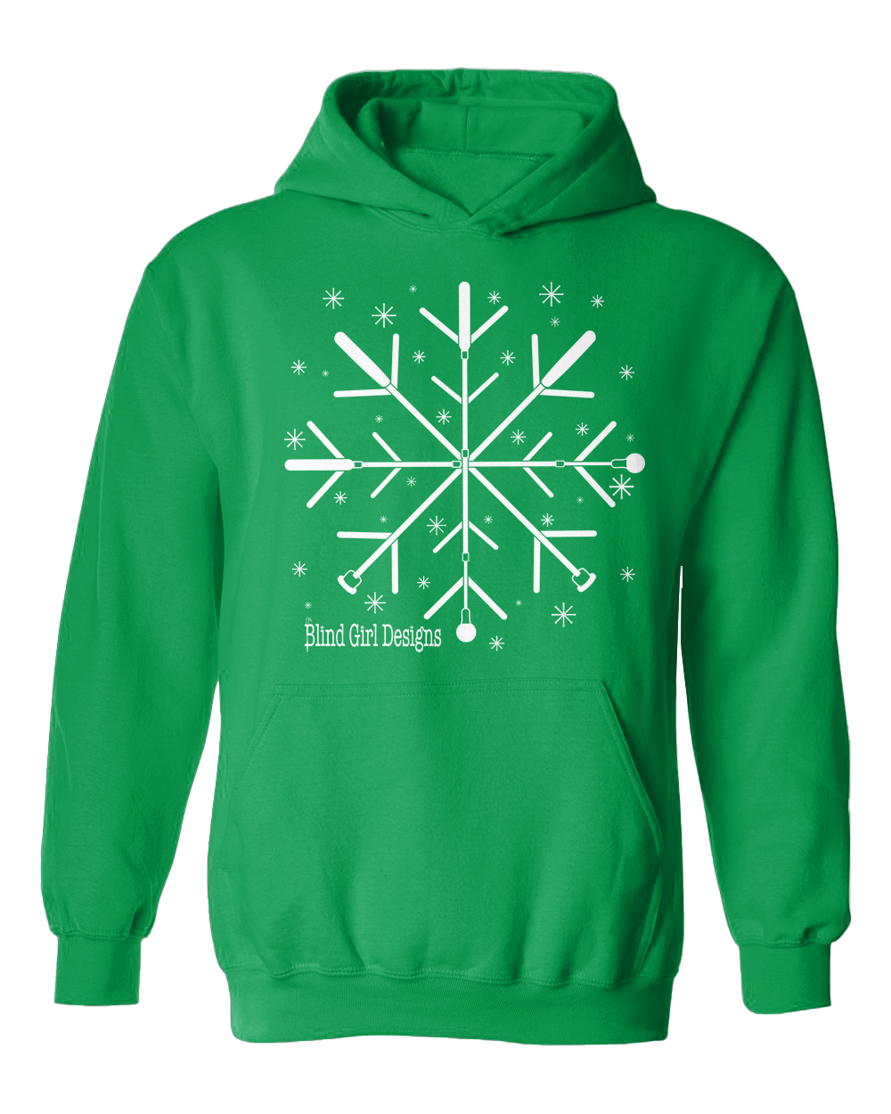 New!! 3D  Tactile! Snowflake White Cane  Hoodie -  Irish green with white ink