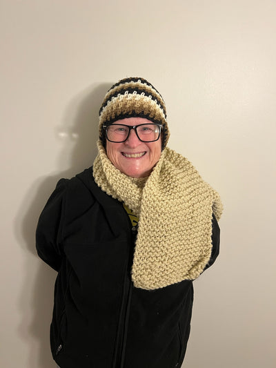 Handmade Hat and scarf set  black, taupe and  cream scarf and  hat