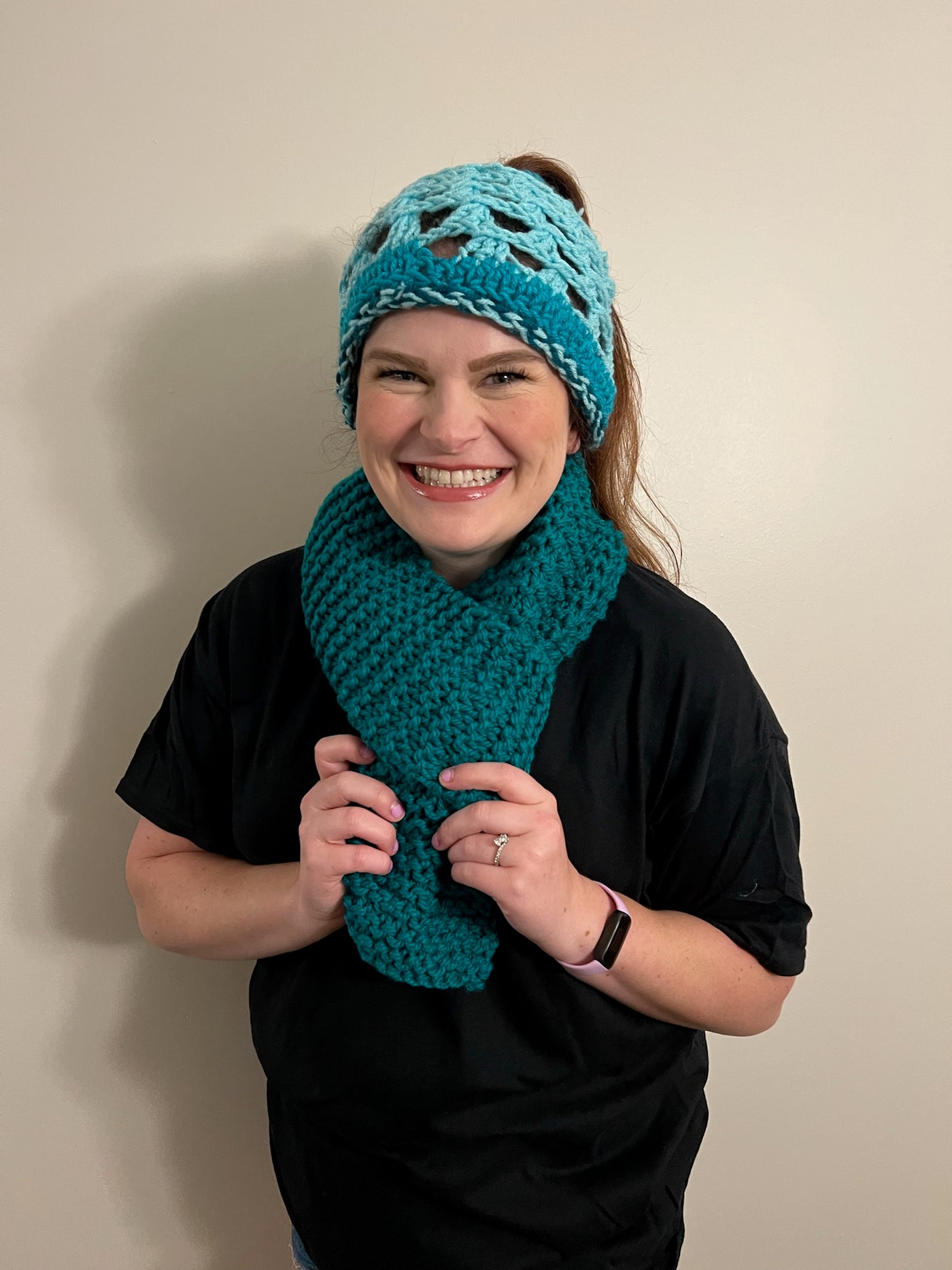 Handmade Hat and scarf set teal blue and variegated, teal ponytail, crocheted cap