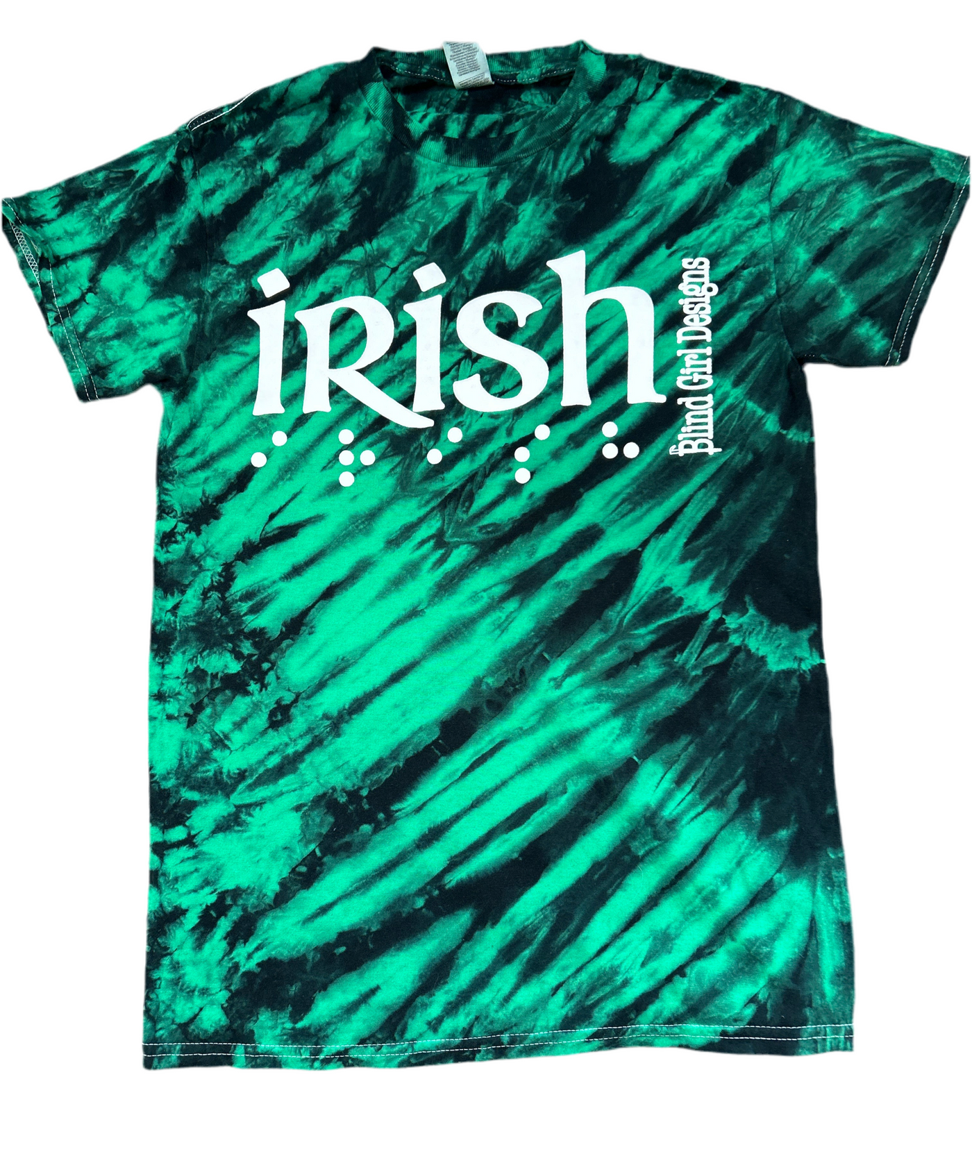 3-D Irish with braille T-shirt, green and black tie-dye