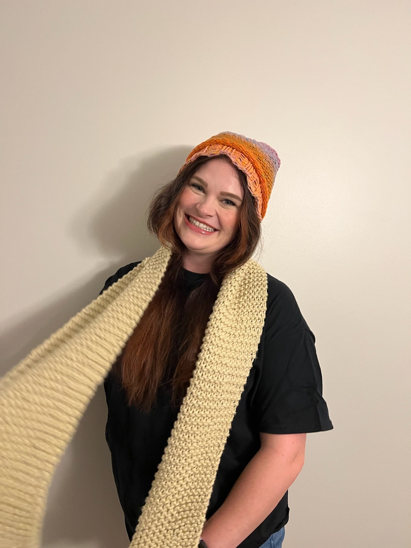 Handmade Hat and scarf set  orange, taupe and  cream scarf and  hat