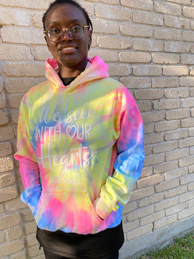 New! Tie Dye We See With Our Hearts Hoodie - Swirls of pink, yellow and blue