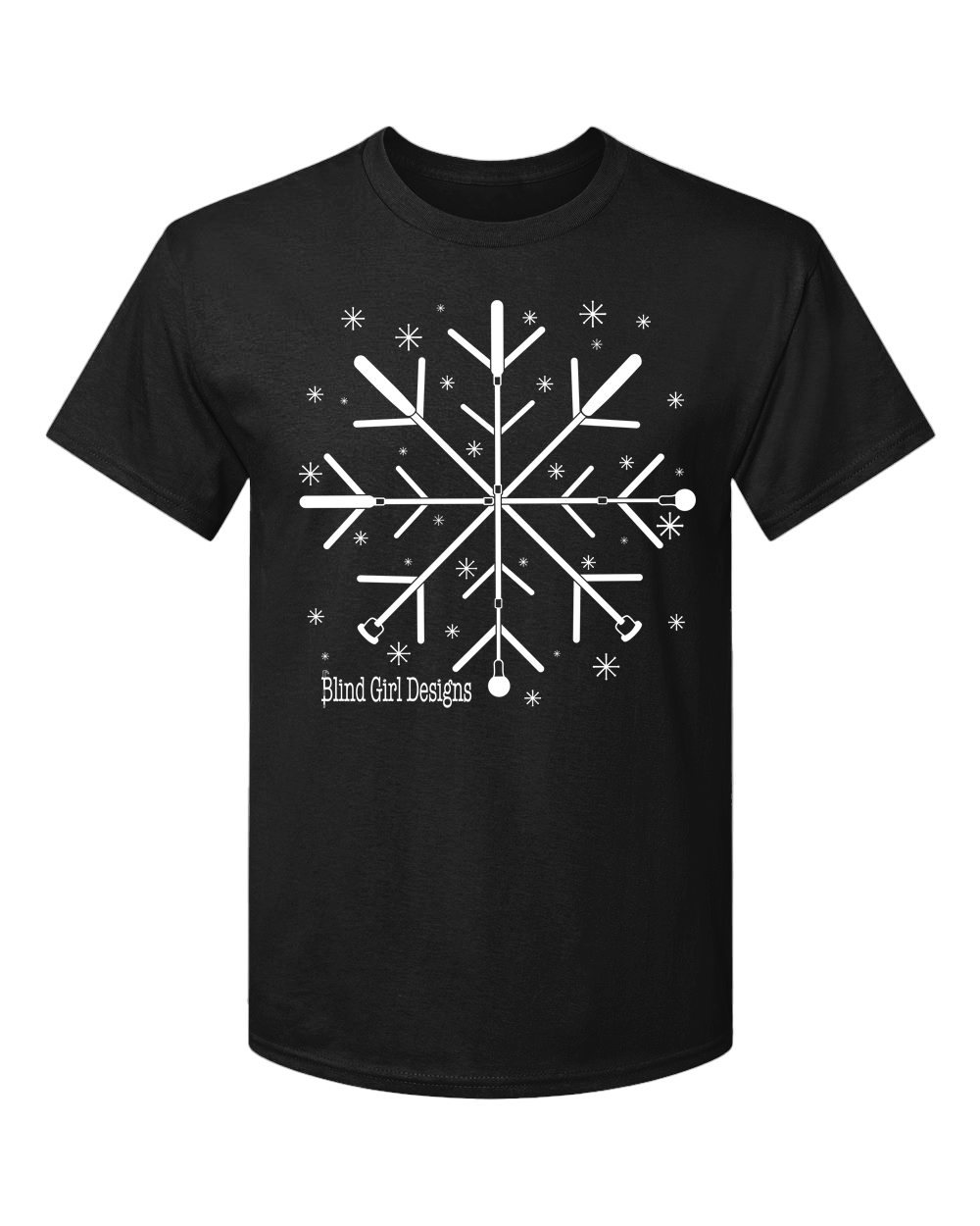 3D Tactile White Cane Snowflake T-Shirt - Black