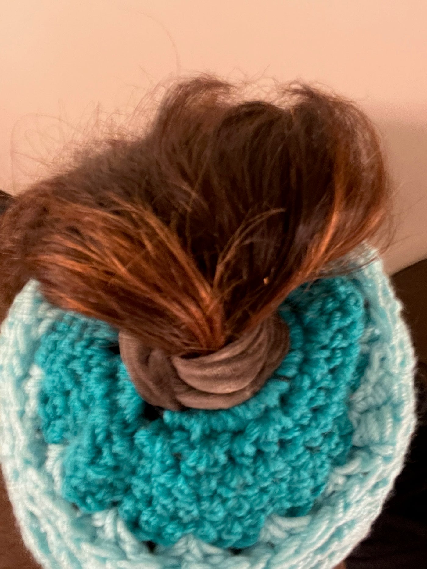 Handmade Hat and scarf set teal blue and variegated, teal ponytail, crocheted cap