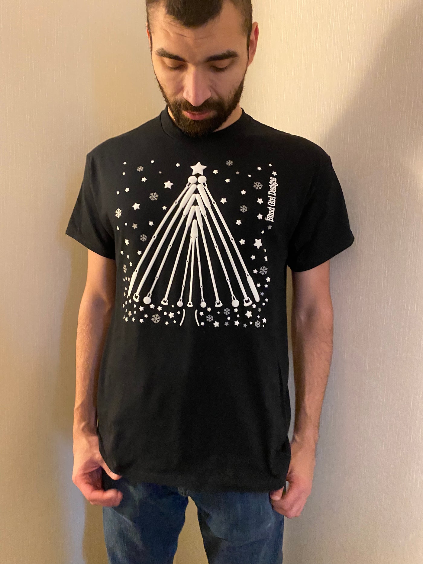 New! 3D Tactile- White  Cane Winter Tree/ Black tee